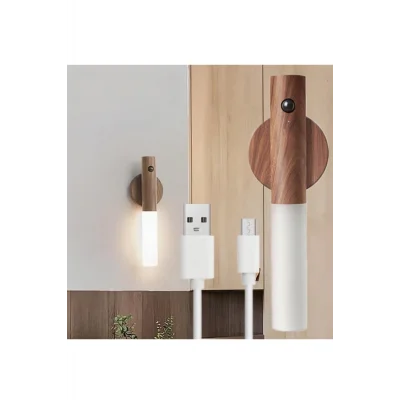 BUĞZ USB Şarjlı Sensörlü Mıknatıslı Ahşap Görünümlü Taşınabilir Duvar Aplik