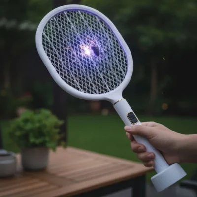 BUĞZ USB Şarjlı Standlı Şarj Göstergeli UV Işıklı Beyaz Sinek Öldürme Raketi