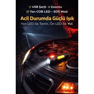 BUĞZ USB Şarjlı Zoomlu Mini El Feneri Q5 Güçlü Işık Yan COB LED SOS Mod Kutulu Acil Durum Işığı