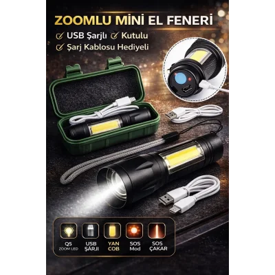BUĞZ USB Şarjlı Zoomlu Mini El Feneri Q5 Güçlü Işık Yan COB LED SOS Mod Kutulu Şarj Kablolu Set
