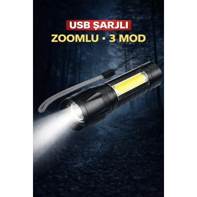 BUĞZ USB Şarjlı Zoomlu Mini El Feneri Q5 Güçlü Işık Yan COB LED SOS Mod Kutulu Taşınabilir