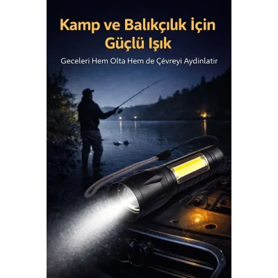 BUĞZ USB Şarjlı Zoomlu Mini El Feneri Yan COB LED Q5 Güçlü Işık SOS Mod Kutulu Kamp ve Balıkçı Feneri