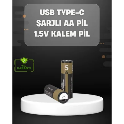 BUĞZ USB Type-C Girişli Şarjlı AA Lityum Pil | 1.5V Sabit Çıkış | 3200mWh (2li Paket)