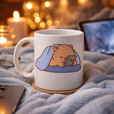 BUĞZ Uyuyan Kapibara Tasarımlı Porselen Kupa MODEL 104 – Telefonlu Sevimli Desen , Kahve & Çay Kupası , Hediye Fikri
