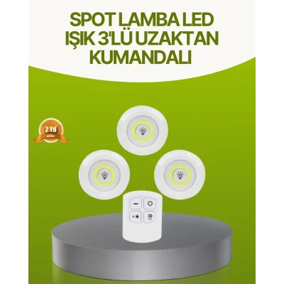  Uzaktan Kumandalı 3 Lü Kablosuz Led Spot Lamba Seti Yapışkanlı Pratik Kullanım