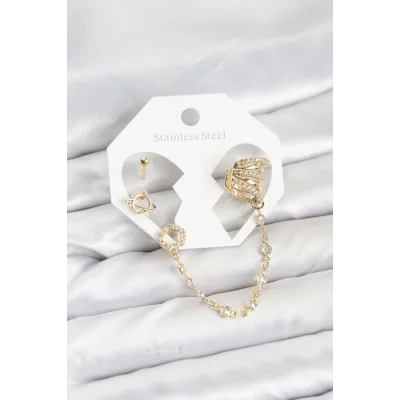 BUĞZ Uzay Model Pirinç Gold Renk Zincir Bağlantılı Ear Cuff Küpe Seti
