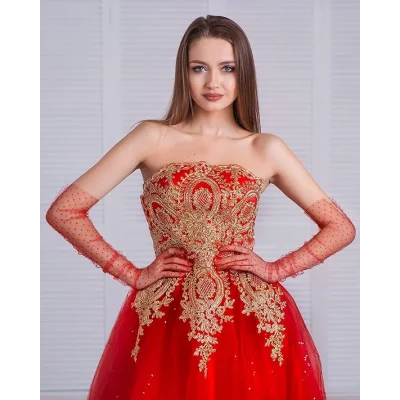 BUĞZ Uzun Boy Kırmızı Puantiyeli Kırmızı Renk Yetişkin Tül Eldiven