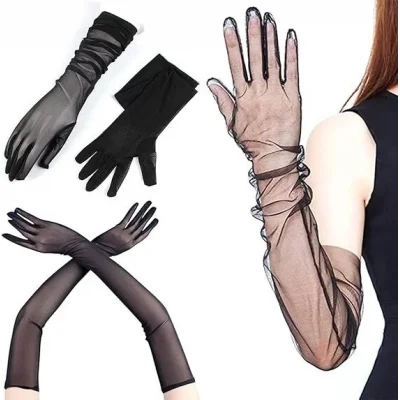 BUĞZ Uzun Boy Likralı Siyah Renk Yetişkin Mega Tül Eldiven 53 cm