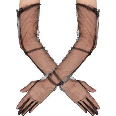 BUĞZ Uzun Boy Likralı Siyah Renk Yetişkin Mega Tül Eldiven 53 Cm