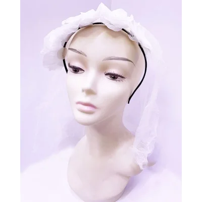 BUĞZ Uzun Duvaklı Üstü Beyaz Çiçekli Parti Tacı