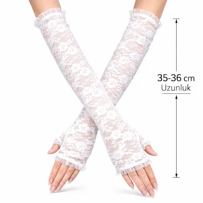 BUĞZ Uzun Zarif Dantel Eldiven Parmaksız Beyaz 35 Cm Bx40