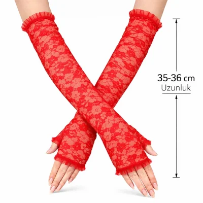 BUĞZ Uzun Zarif Dantel Eldiven Parmaksız Kırmızı 35 Cm Bx40