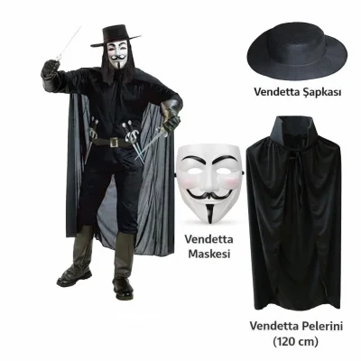 BUĞZ Vendetta Kostüm Seti – Şapka Maske Pelerin (120 cm)