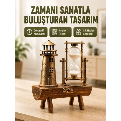 BUĞZ Vintage Kum Saati + Deniz Feneri Modeli – Ahşap Gövdeli Masa Üstü Dekor Yeni Nesil