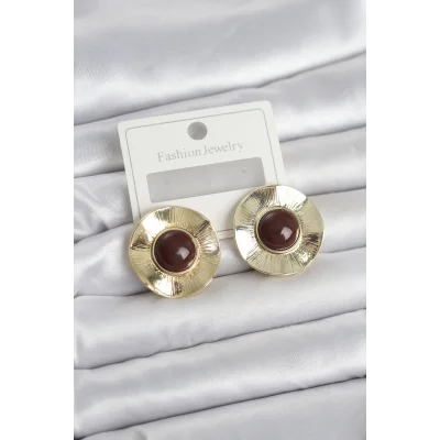 BUĞZ Vintage Model Kahverengi Gold Renk Pirinç Kadın Küpe