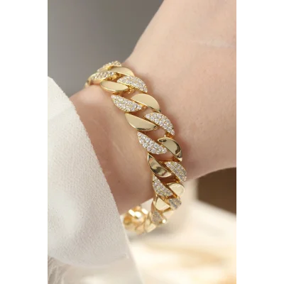 BUĞZ Vip Seri Pirinç Zirkon Taşlı Gold Renk Gurmet Bileklik