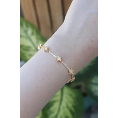 BUĞZ Vip Seri Pirinç Zirkon Taşlı Gold Renk Halley Model Bileklik - Lisinya