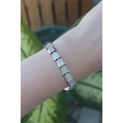 BUĞZ Vip Seri Pirinç Zirkon Taşlı Gümüş Renk Geometrik Bileklik - Lisinya