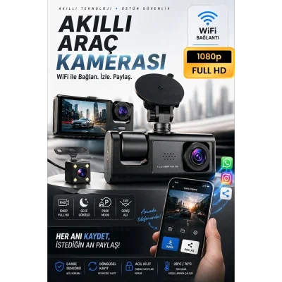BUĞZ WiFi 1080p 3 Kameralı Araç İçi Kamera LCD Ekranlı Gece Görüşlü G Sensörlü Geniş Açılı