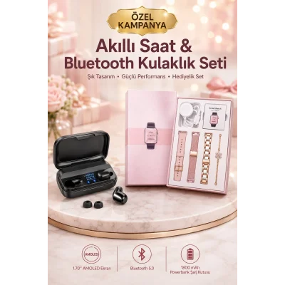 BUĞZ Wireless Şarjlı Pembe Akıllı Saat ve Kablosuz Bluetooth Kulaklık Dokunmatik Kontrol