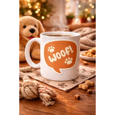 BUĞZ Woof! Köpek Temalı Porselen Kupa Model 54 – Sevimli Patili Tasarım, Kahve & Çay Kupası, Hayvanseverlere Özel Hediye