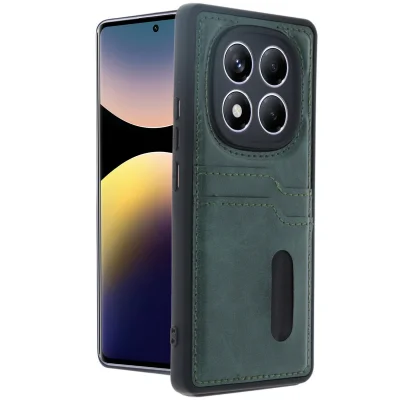 BUĞZ Xiaomi Redmi Note 14 Pro 5g Kılıf Sara Kartvizitli Deri Kılıf - Koyu Yeşil