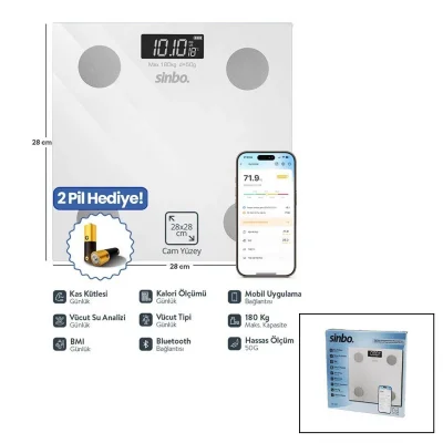 BUĞZ YAĞ ÖLÇERAKILLI BLUETOOTH CAM BASKÜL PİLLİ 180KG/50GR 28X28CM 8-KİŞİ HAFIZA LCD EKRAN GÖSTERGE SBS-4467