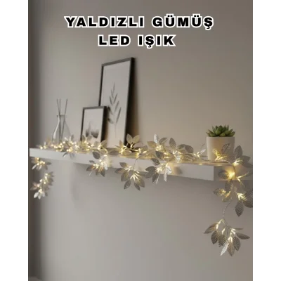 BUĞZ Yaldızlı Gümüş Yaprak LED Işık Pilli Dekoratif Ortam ve Yılbaşı Aydınlatması
