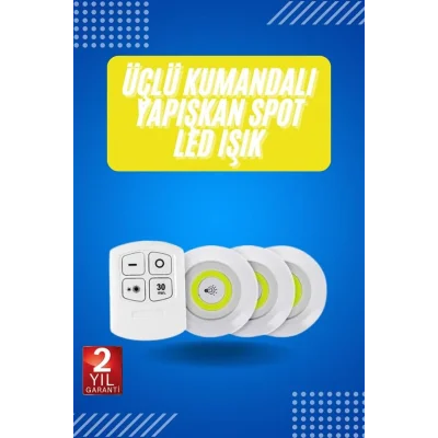 BUĞZ Yapışkanlı 3lü Spot Led Işık Lamba Montajsız Pilli Uzaktan Kumandalı - Lisinya