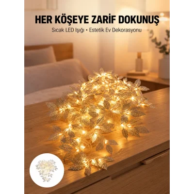 BUĞZ Yaprak Şekilli Gümüş LED Işık Pilli Dekoratif Aydınlatma