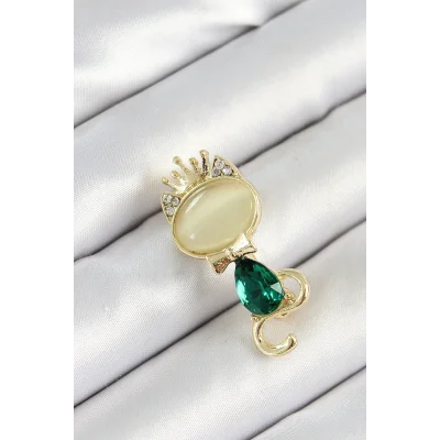 BUĞZ Yeşil Damla Zirkon Taşlı Kraliçe Taçlı Kedi Figürlü Gold Renk Kadın Broş