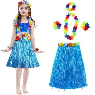 BUĞZ Yetişkin ve Çocuk Uyumlu Hawaii Luau Aloha Mavi Püsküllü Etek Kolye Taç ve 2 Adet Bileklik Seti