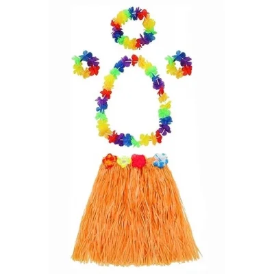 BUĞZ Yetişkin Ve Çocuk Uyumlu Luau Aloha Hawaii Turuncu Etek Ve Renkli Kolye Taç 2 Adet Bileklik Seti