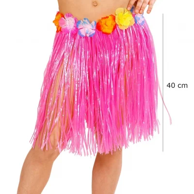 BUĞZ Yetişkin Ve Çocuk Uyumlu Pembe Renk Püsküllü Hawaii Luau Hula Etek 40 Cm