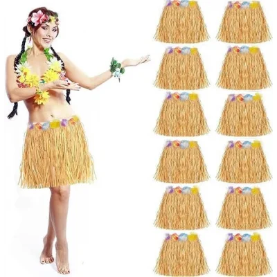 BUĞZ Yetişkin ve Çocuk Uyumlu Saman Renk Hawaii Luau Hula Etek 40 cm 12 Adet
