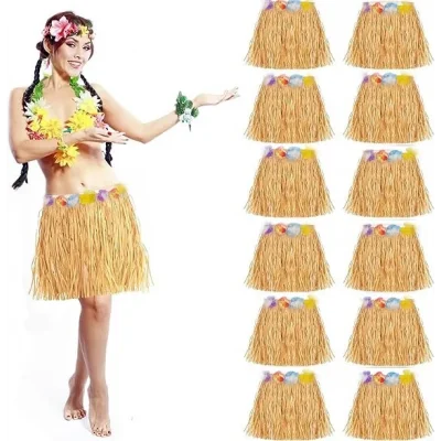 BUĞZ Yetişkin Ve Çocuk Uyumlu Saman Renk Hawaii Luau Hula Etek 40 Cm 12 Adet