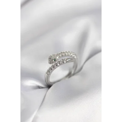 BUĞZ Yılan Model Gümüş Renk Zirkon Taşlı Kadın Yüzük