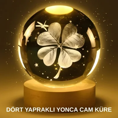 BUĞZ Yonca Bitki Figürlü LED Işıklı Cam Küre USB Ahşap Standlı Gece Lambası