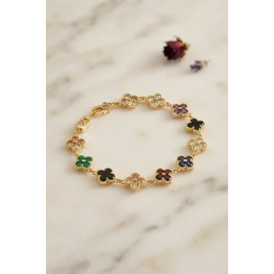 BUĞZ Yonca Model Karışık Renk Zirkon Taşlı Kadın Bileklik