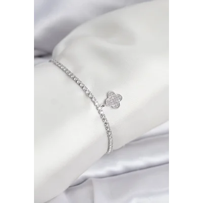 BUĞZ Yonca Model Zirkon Taşlı Gümüş Renk Asansörlü Su Yolu Bileklik