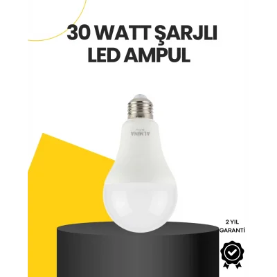 BUĞZ Yüksek Işık Güçlü Şarjlı LED Ampul E27 30W Enerji Tasarruflu