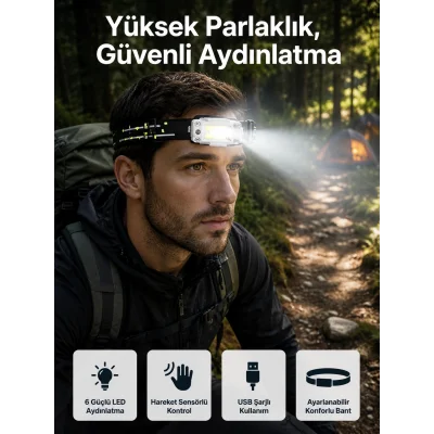 BUĞZ Yüksek Işıklı Şarjlı ve Sensörlü LED Kafa Lambası Kamp Lambası