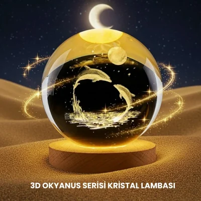 BUĞZ Yunus Temalı Kristal Küre USB Işıklı Ahşap Altlıklı Gece Lambası