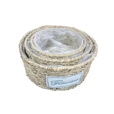  Yuvarlak Doğal Hasır Saksı Seti - 3lü