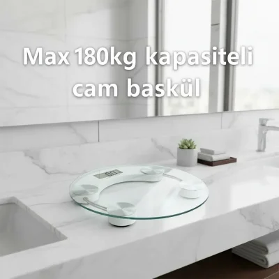 BUĞZ Yuvarlak Şeffaf Dijital Cam Baskül Tartı – 180 Kg Taşıma Kapasitesi, Hassas Ölçüm, Şık Tasarım Terazi