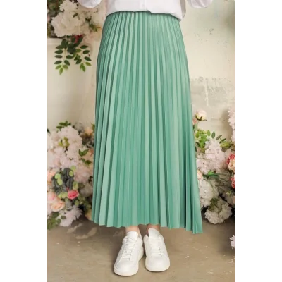 BUĞZ Zarif ve Modern Pileli Parlak Krep Gizli Lastikli Mint Etek ( BUĞZ )