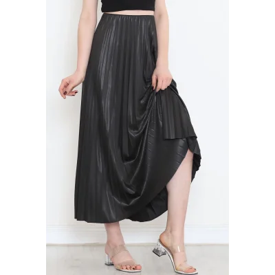 BUĞZ Zarif ve Modern Pileli Parlak Krep Gizli Lastikli Siyah Etek ( BUĞZ )