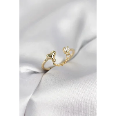 BUĞZ Zincir Sallantılı Kalp Model Gold Renk Kadın Yüzük