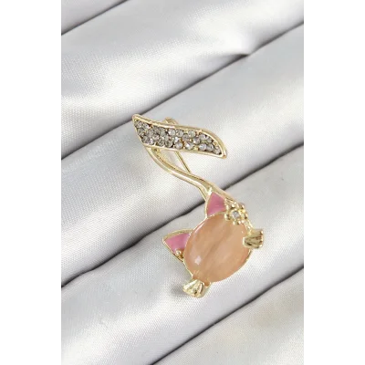 BUĞZ Zirkon Taşlı 3D Kedi Detaylı Nota Figürlü Gold Renk Kadın Broş