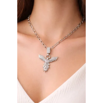 BUĞZ Zirkon Taşlı Anka Kuşu Figürlü Ataç Zincir Çelik Kolye MODEL 12 – Kararmaz, Güç ve Yeniden Doğuş Sembolü